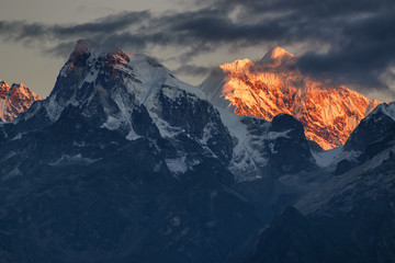 Beautiful first light from sunrise on Mount Kanchenjugha, Himalaya, Sikkim, India.