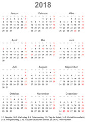 Einfacher Kalender 2018 mit gesetzlichen Feiertagen für Deutschland