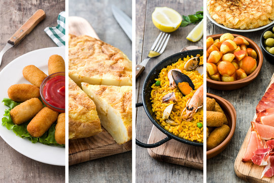 Spanish food collage: Seafood paella, croquettes, tapas and omelette

