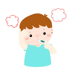 Little boy got high temperature vector cartoon.