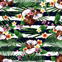 Exotic Coconuts. Watercolor seamless pattern.