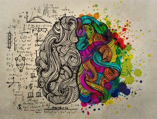 Brain doodle concept about creative right side and logical left side - obrazy, fototapety, plakaty