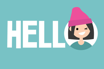 Smiling winking girl says Hello. Conceptual illustrated sign / Flat vector editable illustration