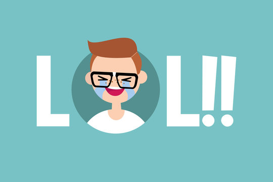 LOL conceptual illustrated sign: laughing out loud nerd / editable vector flat illustration
