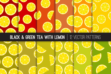 Lemon Ice Tea Vector Patterns. Lemon Slices on Black Tea, Matcha and Green Tea Colored Background. Pattern Tile Swatches Included.