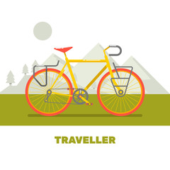 Retro bicycle travel Flat art vector illustration