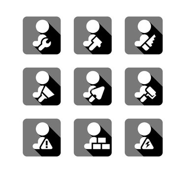 Vector icons of worker, builders with equipment, builders pictograms