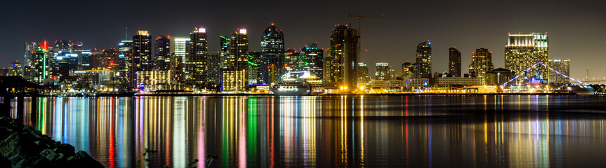 Panorama of Downtown San Diego Skyline at Night from Bay