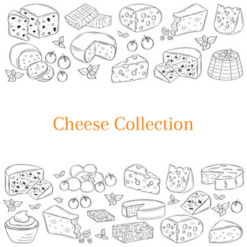 Vector banner template with different types of cheese, hand drawn illustration.