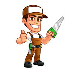 Friendly carpenter, he is dressed in work clothes