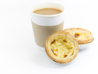 Delicious portuguese egg tart and paper cup of coffee on white background