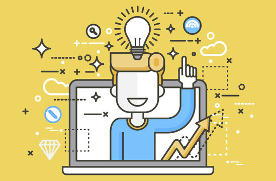 Vector illustration man with idea lamp light bulb above head and index finger up design element for solution service business online help presentation startup line art