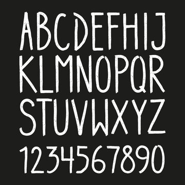Hand drawn letters and numbers font. marker lettering. Grunge font, Sans serif. Vector design. Isolated on black background. alphabet written with ink, brush. calligraphy, lettering