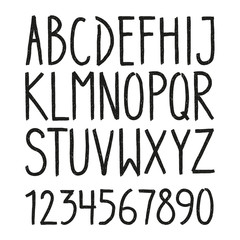 Hand drawn hipster vintage letters and numbers font. marker lettering. Grunge font, Sans serif. Vector design. Isolated on white background. alphabet written with ink, brush. calligraphy, lettering