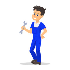 Vector illustration of a cartoon handyman man with a wrench. Isolated white background. Concept of business service repair. Boy workman in blue work clothes with a working tool.