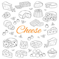 Vector set of various types of cheese, hand drawn illustration isolated on chalkboard background.