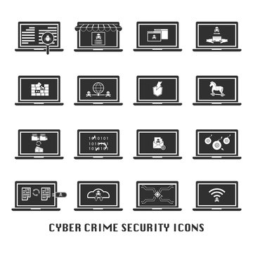 Cyber crime security black icons set for website. Vector illustration cybercrime security concept.