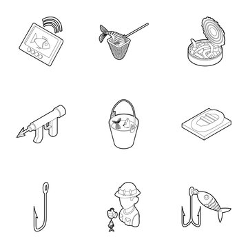 Fish catch icons set, outline style