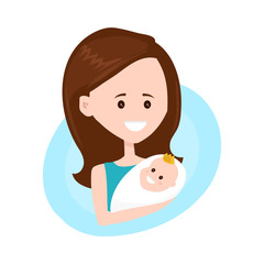 Mother modern flat style character holds little child on hands. Vector illustration design isolated on white background. Mother with child character