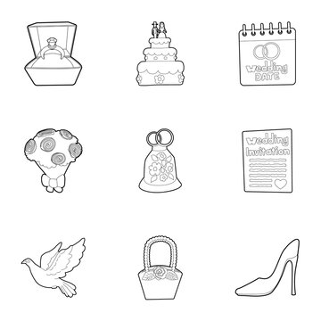 Wedding icons set, outline style