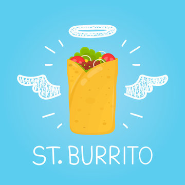 Heaven burrito concept "St. burrito" with angel halo and wings. Flat and doodle vector isolated meal, delivery, cafe, fun illustration icon. Love burrito for fast food cafe