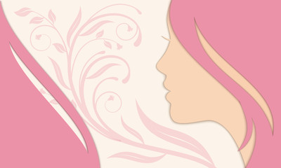 Silhouette of woman face. Profile of the beautiful girl. Abstract floral pattern on greeting card