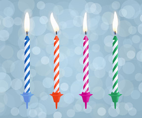 Realistic burning birthday cake candles set isolated on bokeh background. Vector illustration.