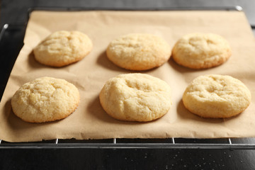 Tasty sugar cookies on parchment paper, closeup