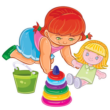 Vector illustration of young girl sitting on the floor and play with doll. Print, template, design element