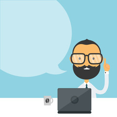 Handsome bearded young hipster businessman  holding up his finger sitting at the table and using laptop computer with speech bubble. vector flat cartoon man character illustration modern icon design