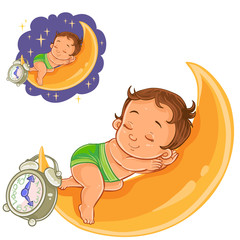Vector clip art art illustration baby in a diaper is sleeping on the moon. Print, template, design element
