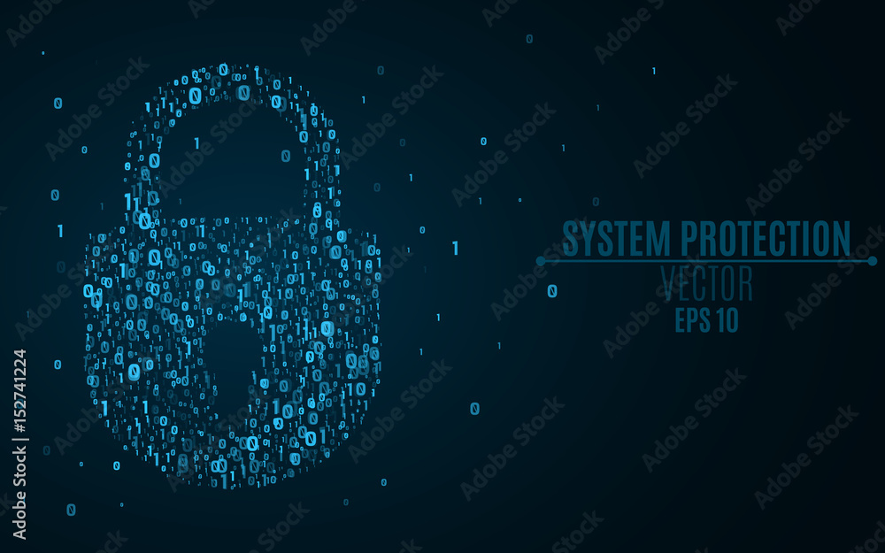 Poster a glowing blue lock from the binary code. high technology in design. the system is under reliable pr