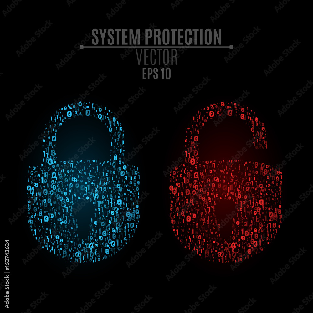 Poster luminous locks of blue and red colors from binary code. high technology in design. the system is und
