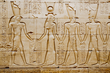 Reliefs of Egyptian hieroglyphs on wall at Horus Temple. Edfu. Egypt