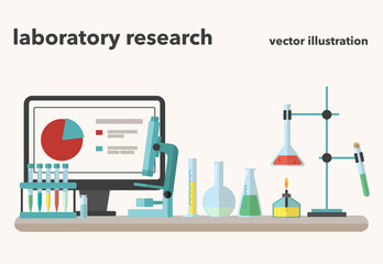 Vector illustration of Chemical laboratory research. Tubes, microscope, stand and computer in flat design style