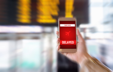 Flight delayed. Delay in flying schedule. Aeroplane will take off late. Smartphone application...