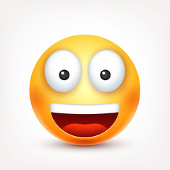 Smiley,happy emoticon. Yellow face with emotions. Facial expression. 3d realistic emoji. Funny cartoon character.Mood. Web icon. Vector illustration.