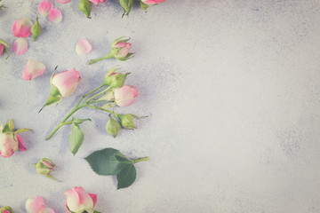 Pink and white rose flowers and green leaves border with copy space on gray background, retro toned