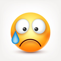 Smiley,sad emoticon with tear. Yellow face with emotions. Facial expression. 3d realistic emoji. Funny cartoon character.Mood. Web icon. Vector illustration.