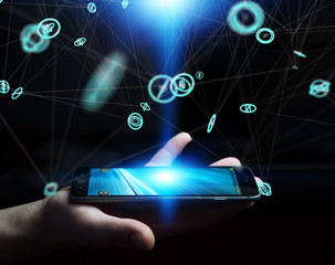 Businessman using flying network connection interface 3D rendering