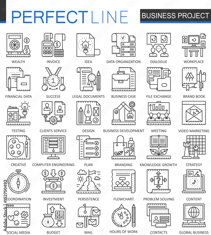 Poster business project outline concept symbols. strategy management perfect thin line icons. modern stroke