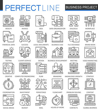 Business project outline concept symbols. Strategy management perfect thin line icons. Modern stroke linear style illustrations set.