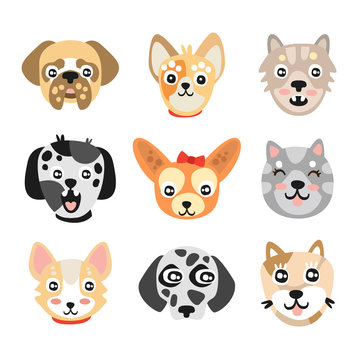 Set of cute cartoon dogs heads. Colorful character vector Illustrations
