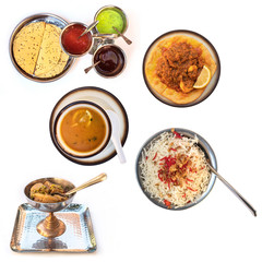 Set of Indian cuisine dishes, isolated on white background