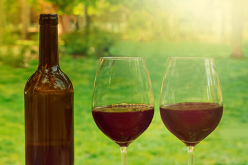 Bottle and glasses of red wine at picnic, with copyspace