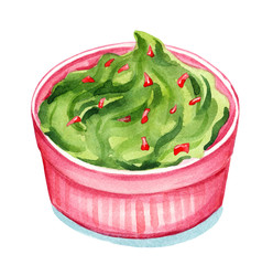 Guacamole - traditional mexican avocado sauce in bowl. Watercolor illustration isolated on white. National mexican food.