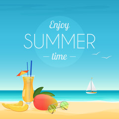 Summer vector illustration poster of cocktail and mango with sunglasses at seashore with enjoy summer time words.