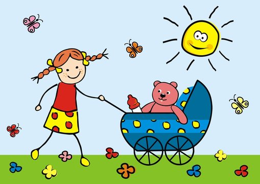 girl and pram with teddy, vector illustration