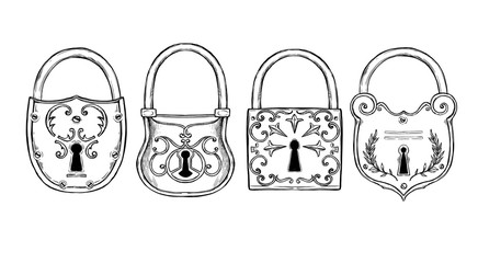 Hand sketched vector illustrations - collections of vintage locks. Design elements with decorative symbols. Medieval locks. Retro clipart. Perfect for invitations, magazins, postcards, prints