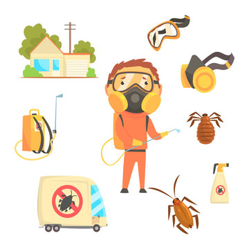 Exterminators of insects in orange chemical protective suit with equipment and products set. Pest control service cartoon colorful Illustrations
